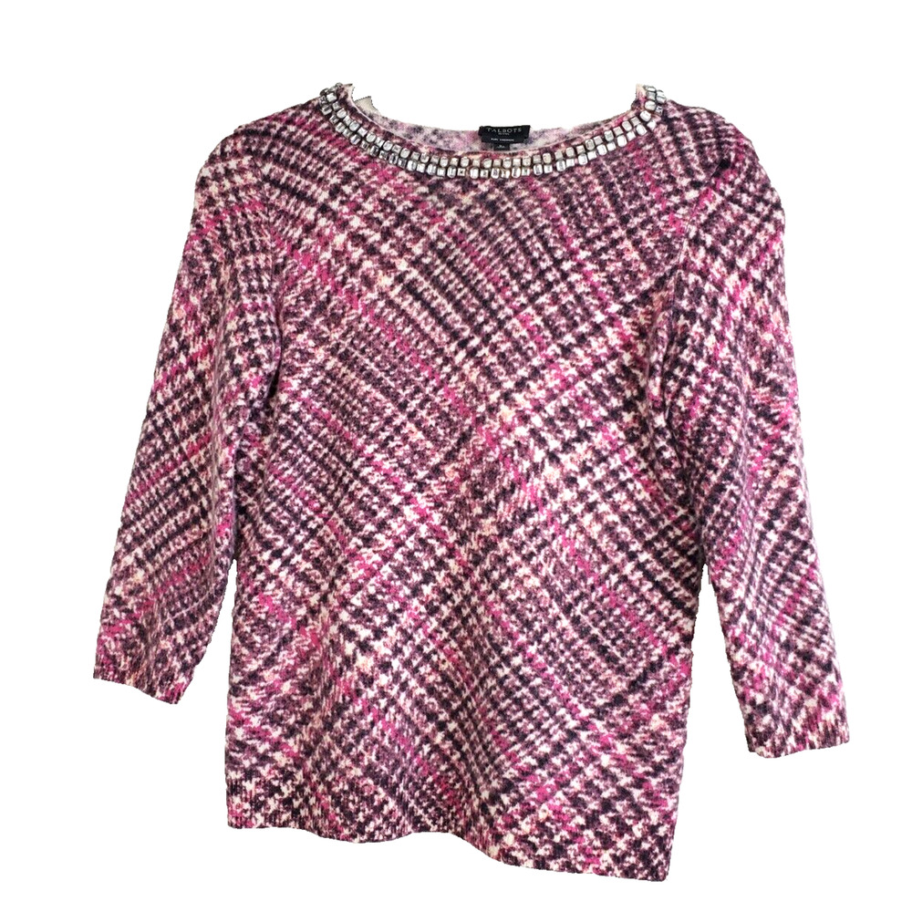 Talbots Womens Small Petite 100% Cashmere‎ Sweater Rhinestone Scoopneck Pink